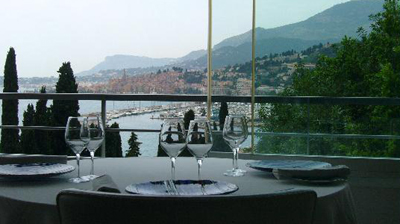 our table and view at Le Mirazur